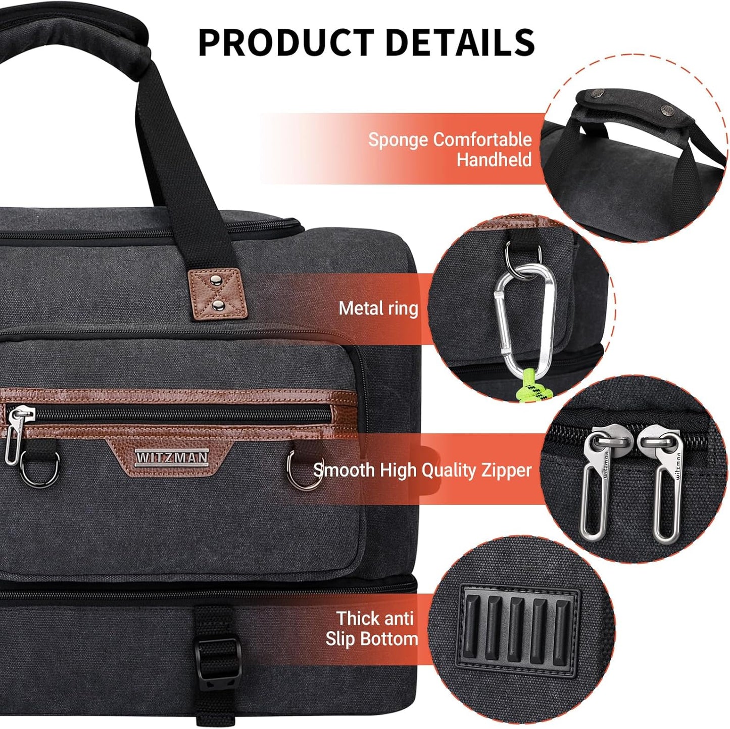 WITZMAN Canvas Weekender Bag Mens Overnight Bag for Traveling Carry on Duffle Bags with Shoes Compartment（A8010 Black） - Roamly