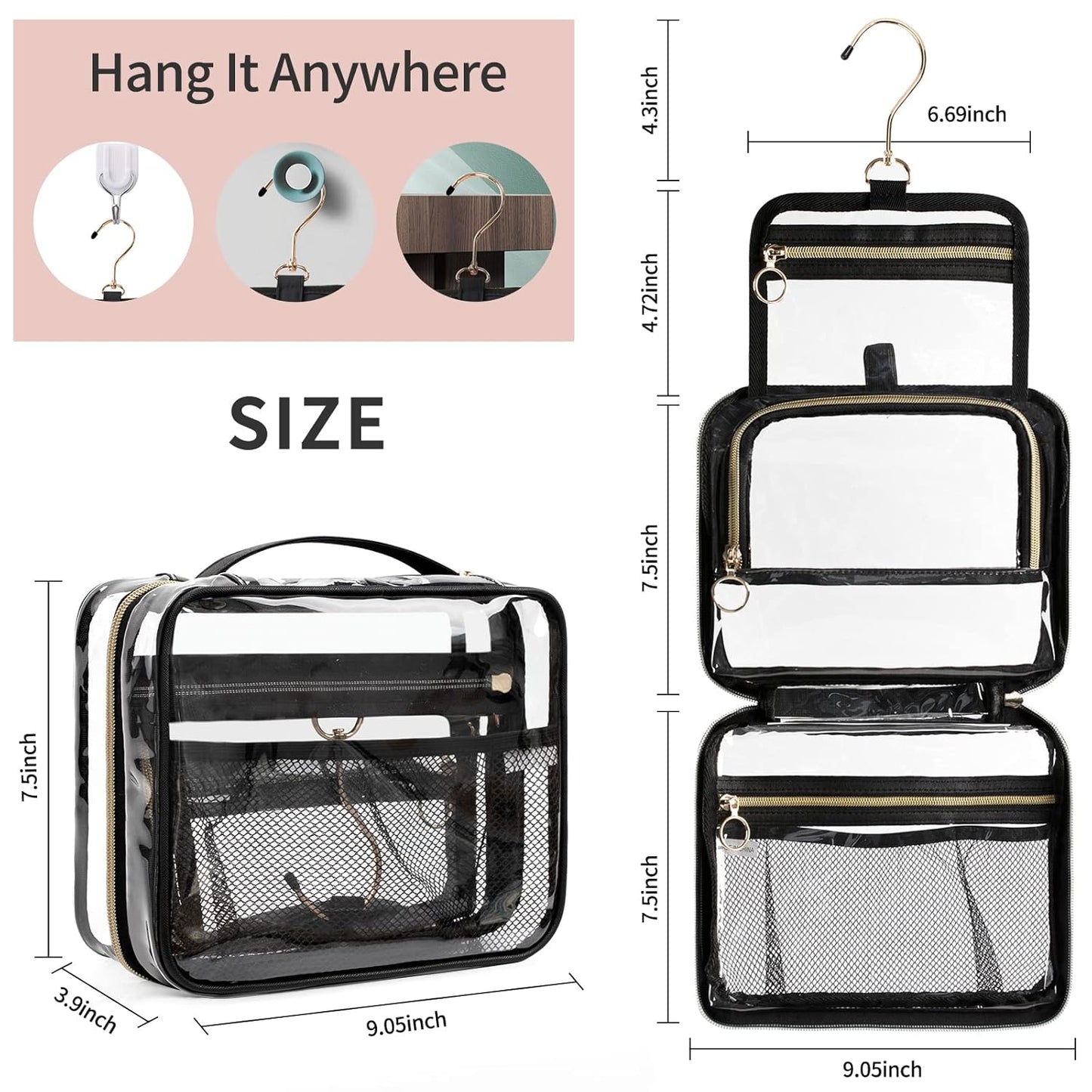 CUBETASTIC Hanging Toiletry Bag, Clear Makeup Bags for Travel Essentials TSA Approved Clear Bag Transparent Cosmetic Organizer Pouch for Women Men Portable Make Up Case with Handle - Roamly