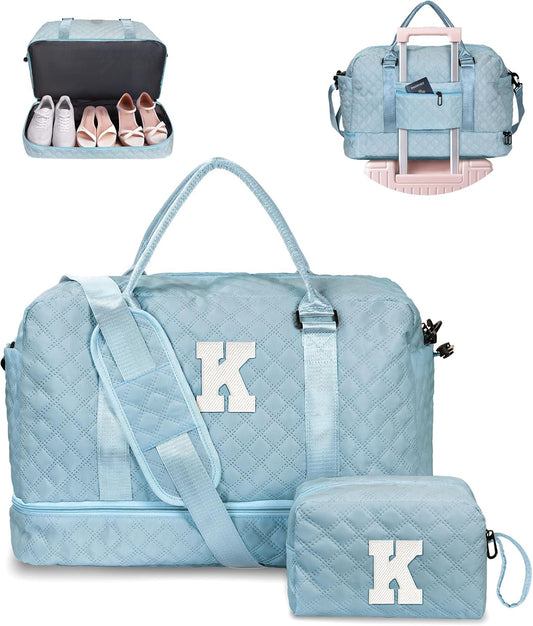 Voguewood Girl Duffle Bag for Tweens with Shoe Compartment, Monogrammed Overnight Travel Bag for Women, Including Wet Pocket & Trolley Sleeve (Letter K) - Roamly