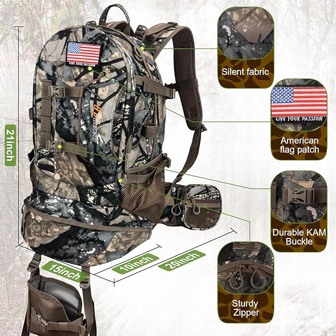 YVLEEN Hunting Backpack, Durable Camo Hunting Packs for Men, Large Capacity Hunting Day Pack for Rifle Bow Gun