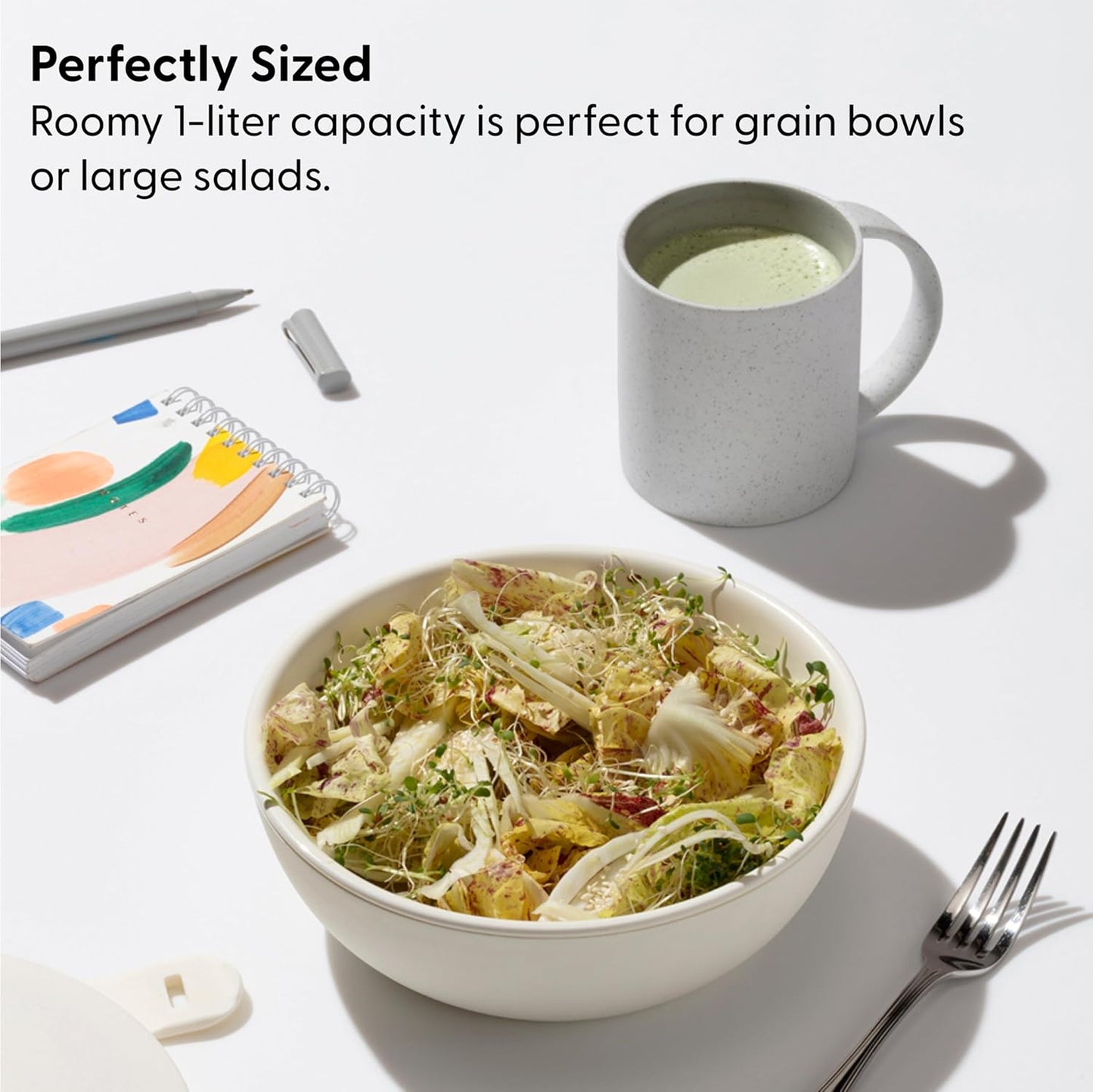 W&P Porter Ceramic Bowl Lunch Container w/ Protective Non-slip Exterior, Cream 1 Liter | Lid & Snap-tight Silicone Strap | Food Storage, Bento Box, Meal Prep | BPA-Free Ceramic