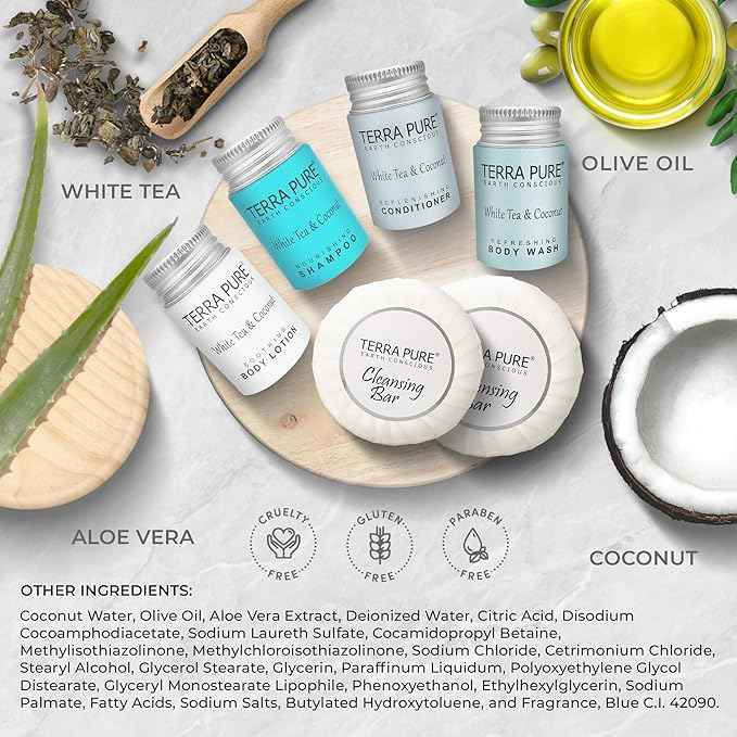 Terra Pure White Tea & Coconut Amenity & Accessory Kit |1oz Travel Size Shampoo, Conditioner, Lotion, Body Wash, 2 Cleansing Bars, Shave & Dental Sets, Make-Up Remover Wipes, & Vanity Kit | 60 Boxes