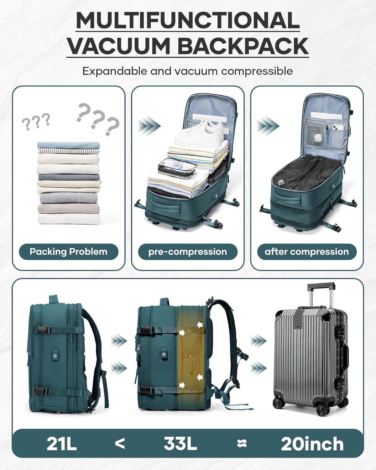 Vacuum Backpack With Vacuum Compression,Expanded Travel Laptop Backpacks For Women Men,Carry On Backpack Vacpack Backpacks With Pump Seal Packing, Personal Item Travel Bag Peacock Blue - Roamly