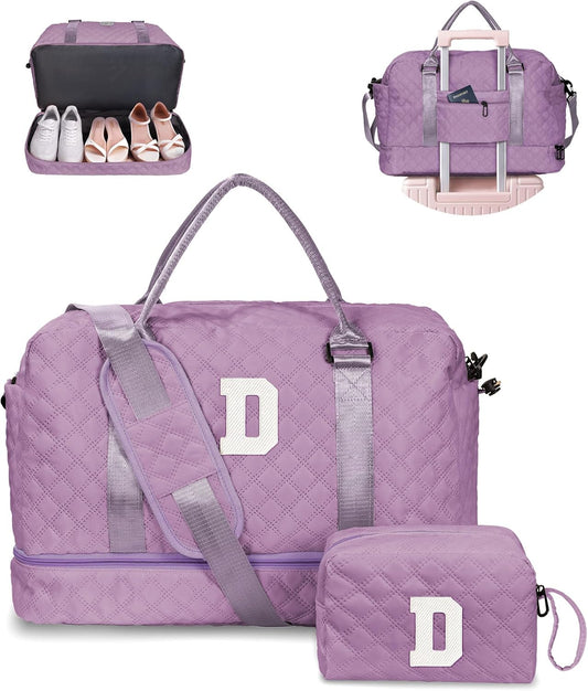 Unique Gifts for Her-Overnight Bags for Women, Personalized Weekender Bag, Monogram Travel Bag for Women with Trolley Sleeve & Wet Pocket, Letter Travel Bag with Makeup Bag (Letter D) - Roamly