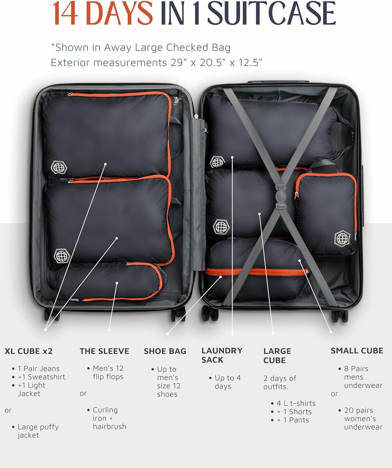 Large Compression Packing Cubes for Travel-Packing Cube Luggage Organizers 7 Piece Set for Checked Luggage-Ultralight, Expandable/Compression Bags by TRIPPED Travel Gear (Grey/Orange) - Roamly