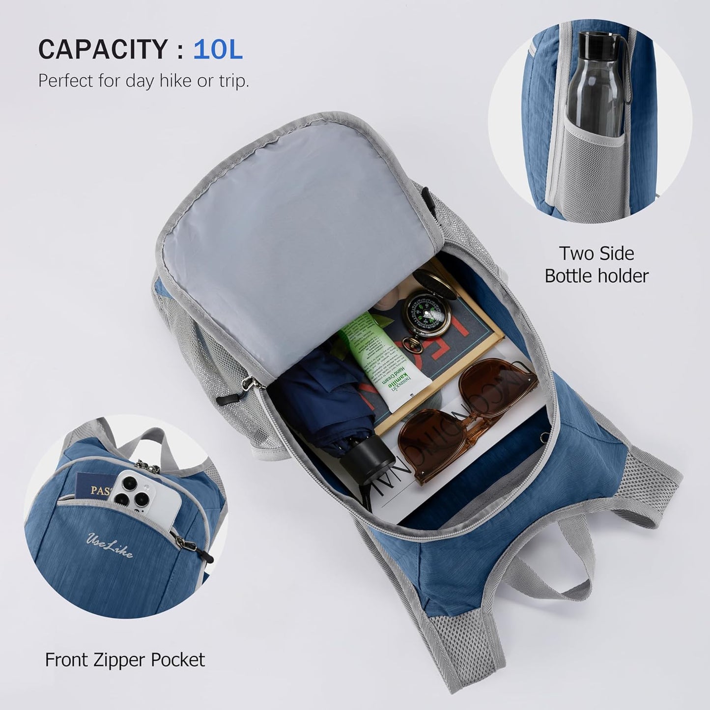 10L Small Hiking Backpack Travel Daypack Lightweight Packable Back Pack for Women Men(Navy Blue) - Roamly