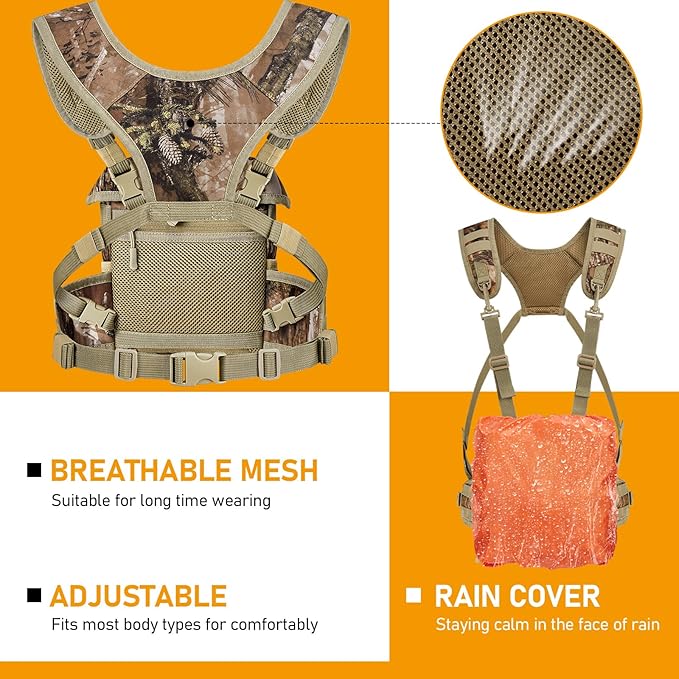 NEW VIEW Silent Binocular Harness Chest Pack, Hunting Bino Case with Dual MOLLE Straps, Binocular Harness with Detachable Chest Strap Rangefinder Pouch Rain Cover for Saddle Hunting Bird Watching
