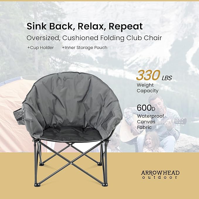ARROWHEAD OUTDOOR Oversized Heavy-Duty Club Folding Camping Chair with Pocket, Cup Holder, Portable, Padded, Moon, Round, Saucer, Supports 330lbs, Carrying Bag