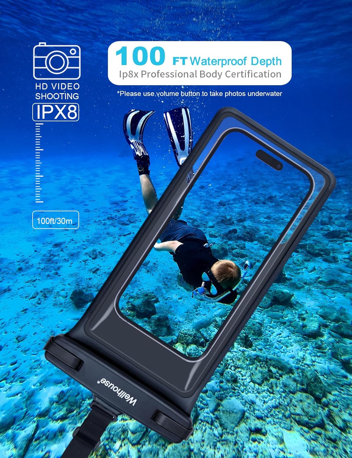 wellhouse Waterproof Phone Pouch, Waterproof Phone Case for iPhone 16 15 14 13 12 Pro Max XS Samsung, IPX8 3D Cellphone Dry Bag Beach Essentials (1 Pack - Black8.0, 8 inch)