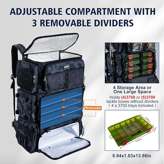 Goture Fishing Backpack with Cooler, 72L 600D Tackle Backpack Included 4 3700 Tackle Boxes, Dry & Wet Split Compartment, Large Fishing Tackle Bag with Rod Holders,Rain Cover for Travel Camping Hiking