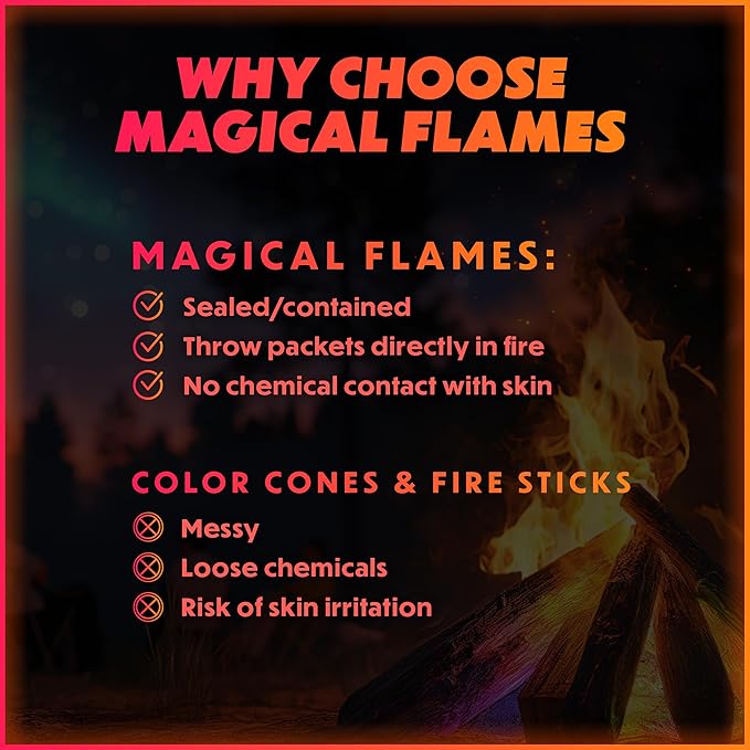 Magical Flames Fire Color Packets (50 Pack), Vibrant Multi-Color Fire for Fire Pits, Campfires, Bonfires & Fireplaces - Camping Essentials & Outdoor Party Accessories