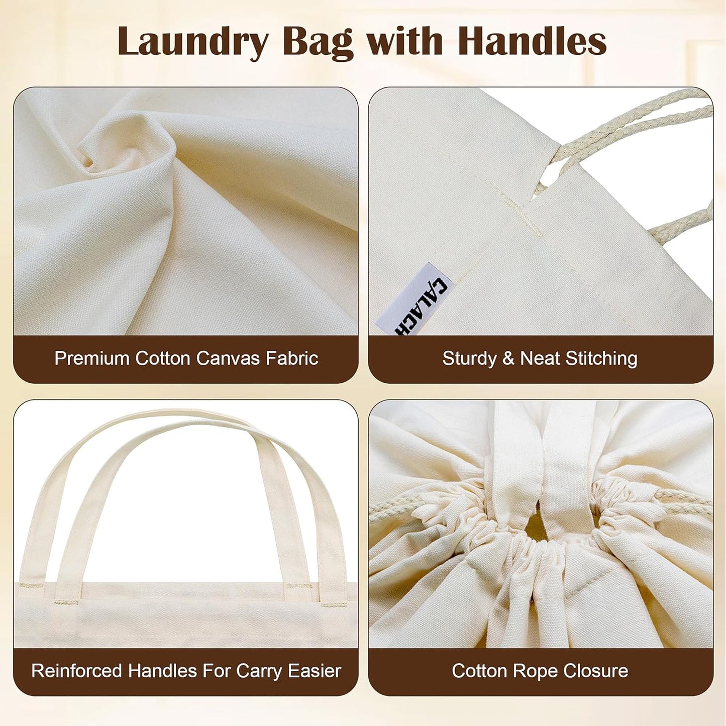 Canvas Laundry Bags with Handles & Square Base 13.8"x 13.8", Large Heavy Duty Laundry Basket Hamper Liner, College Dorm Washable Drawstring Cotton Dirty Clothes Bag (Natural,1 Pack)