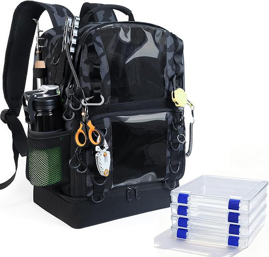 Fishing Tackle Backpack with 4 Tackle Boxes,45L Large Tackle Bag with 2 Rod Holders & Clear Window,Outdoor Fishing Backpack for Fishing,Camping, Hiking,Camouflage