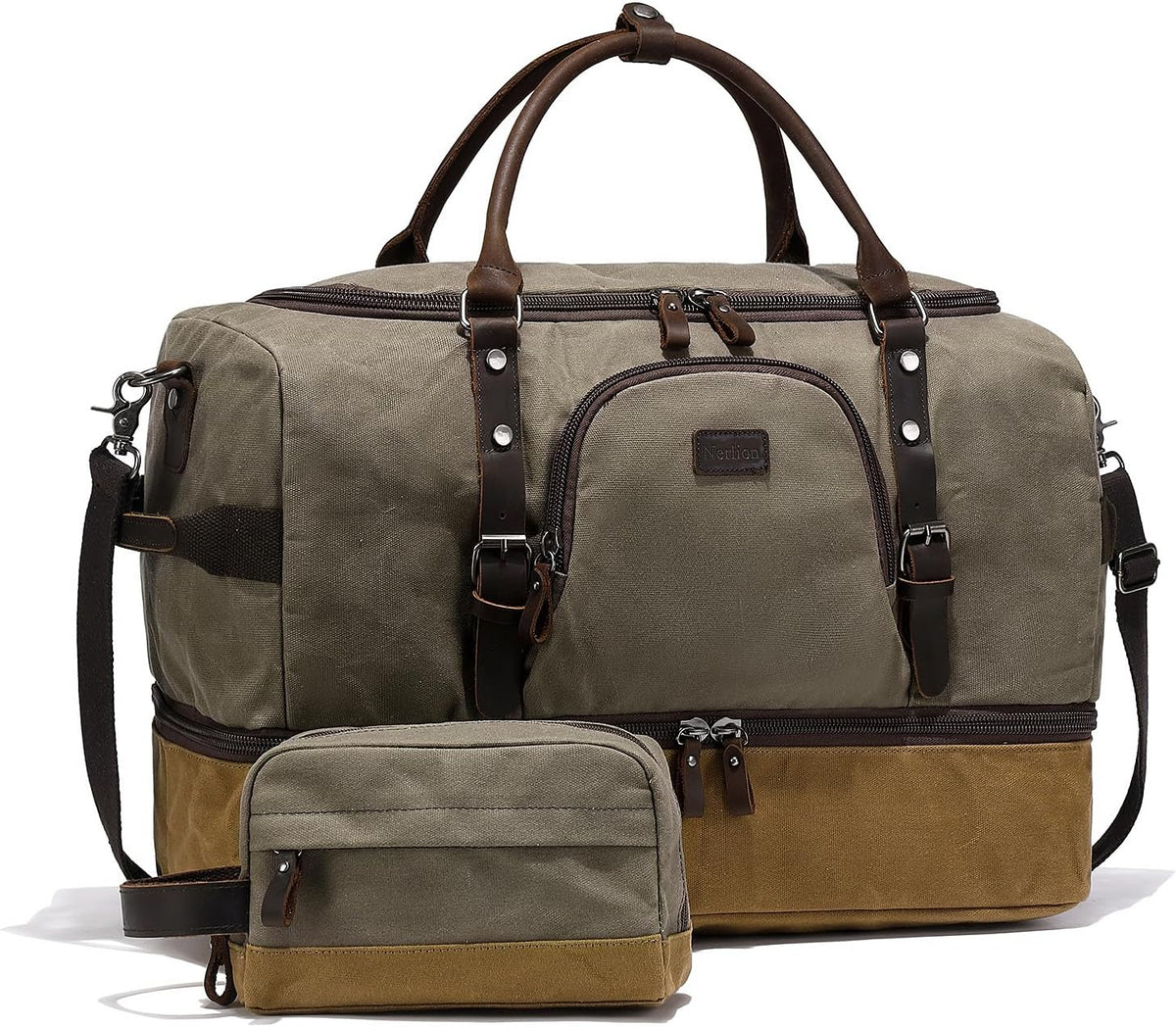 Nerlion Green Large Weekender Overnight Duffel Bag with Shoe Compartment and Leather Accents - Roamly