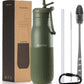 Insulated Stainless Steel Water Bottles with Straw, Wall Vacuum Insulated Water Bottle for Gym Traveling Camping Hiking Outdoor Activity(2 Cleaning Brushes+1 Carabiner, 18 oz Green)