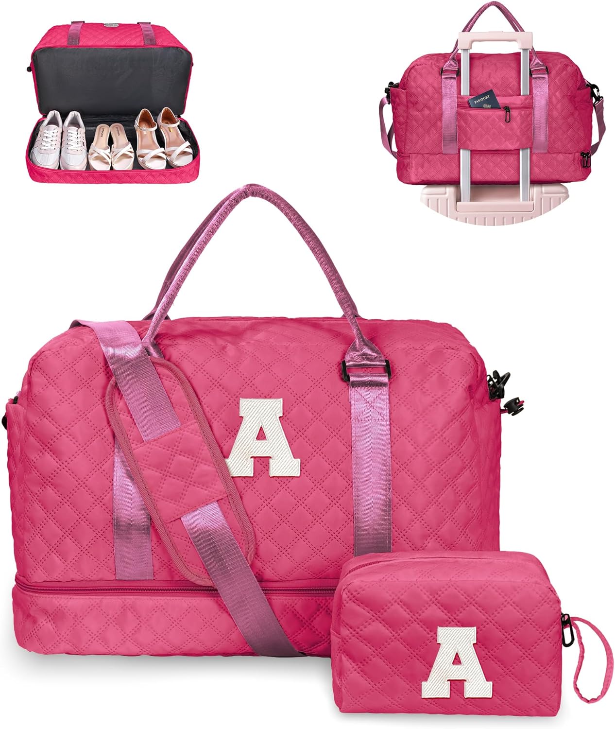 Women Gift, Teen Gifts for Girls-Initial Travel Bag with Shoe Compartment, Personalized Weekender Bag, Monogram Overnight Bag for Women, Letter Travel Bag with Makeup Bag (Letter A) - Roamly