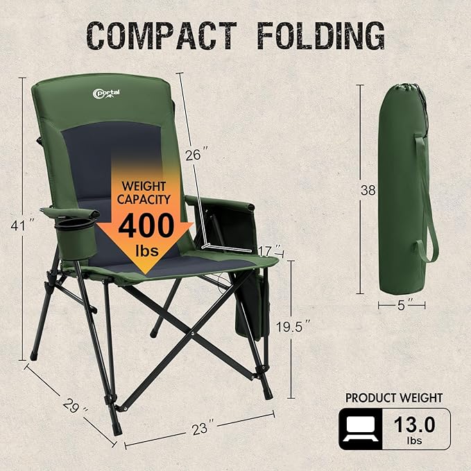 Portal 400 LBs Heavy Duty Camping Chairs for Adults, 23" W Outdoor Folding Chairs with High Back, Heated Portable Folable Chair for Lawn, Sports, Fishing, Outside