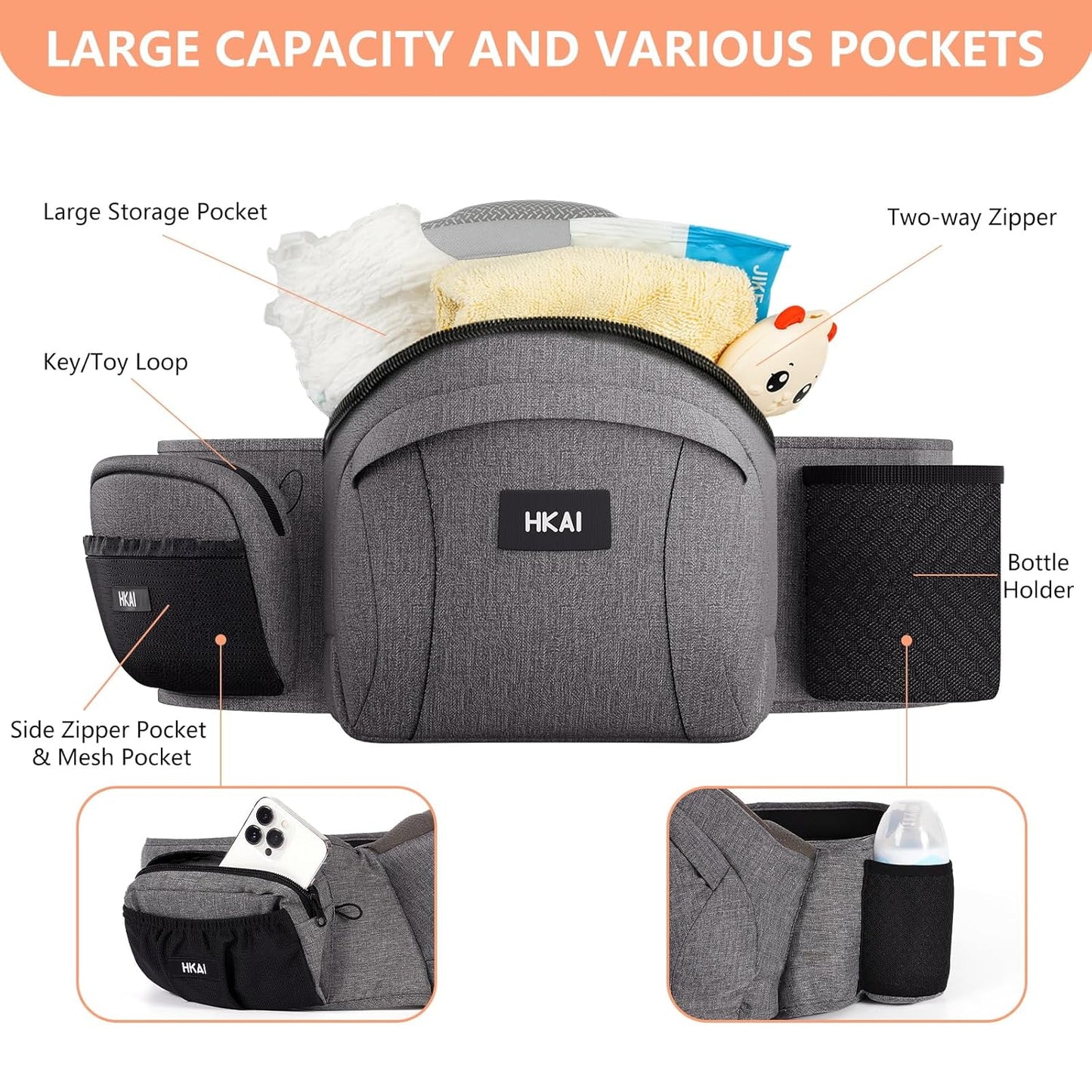 HKAI Baby Hip Carrier, Mom’s Choice Award Winner, Baby Carrier with Adjustable Waistband & Breathable Mesh, Ergonomic Carrier with Non-Slip Hip Seat Surface for Newborns & Toddlers, (Grey)