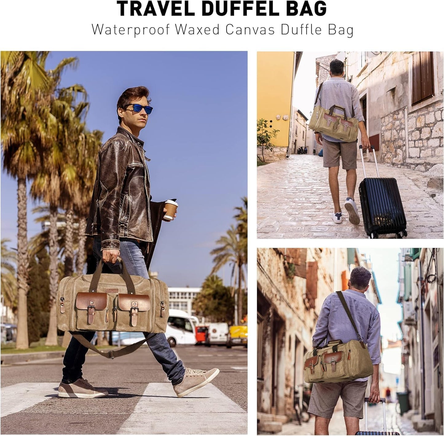 Wildroad Waxed Canvas Duffle Bag - 60L Waterproof Weekender Overnight Travel Bag - Roamly
