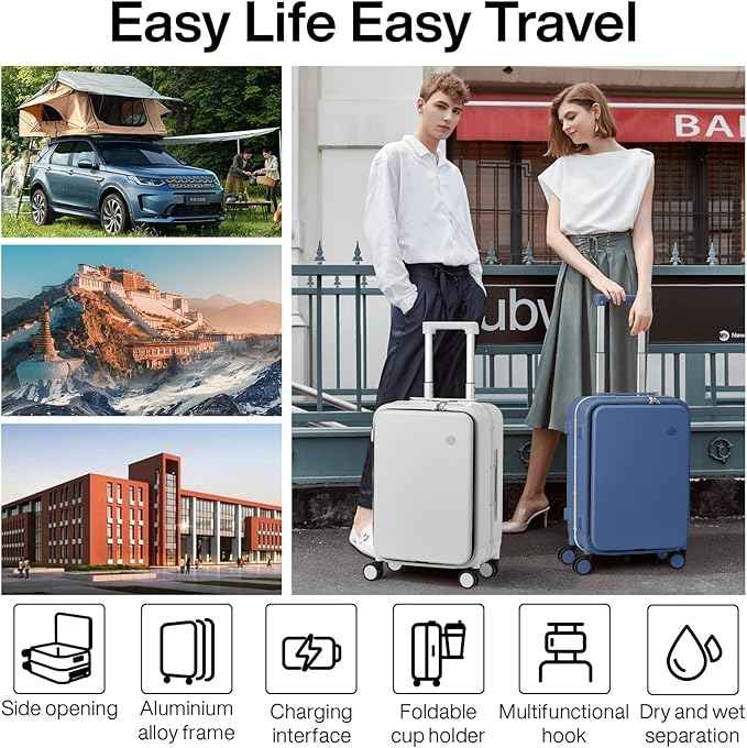 mixi Large Checked Luggage with Cup Phone Holder and Charger Hard Shell Suitcases with Spinner Wheels, 24 Inch Sapphire Blue