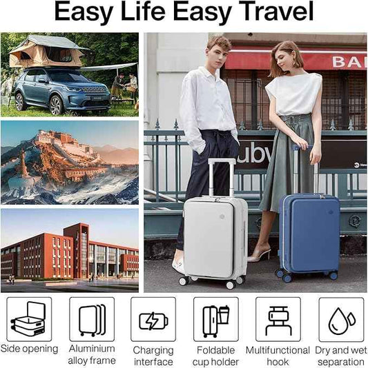 mixi Large Checked Luggage with Cup Phone Holder and Charger Hard Shell Suitcases with Spinner Wheels, 26 Inch Sapphire Blue