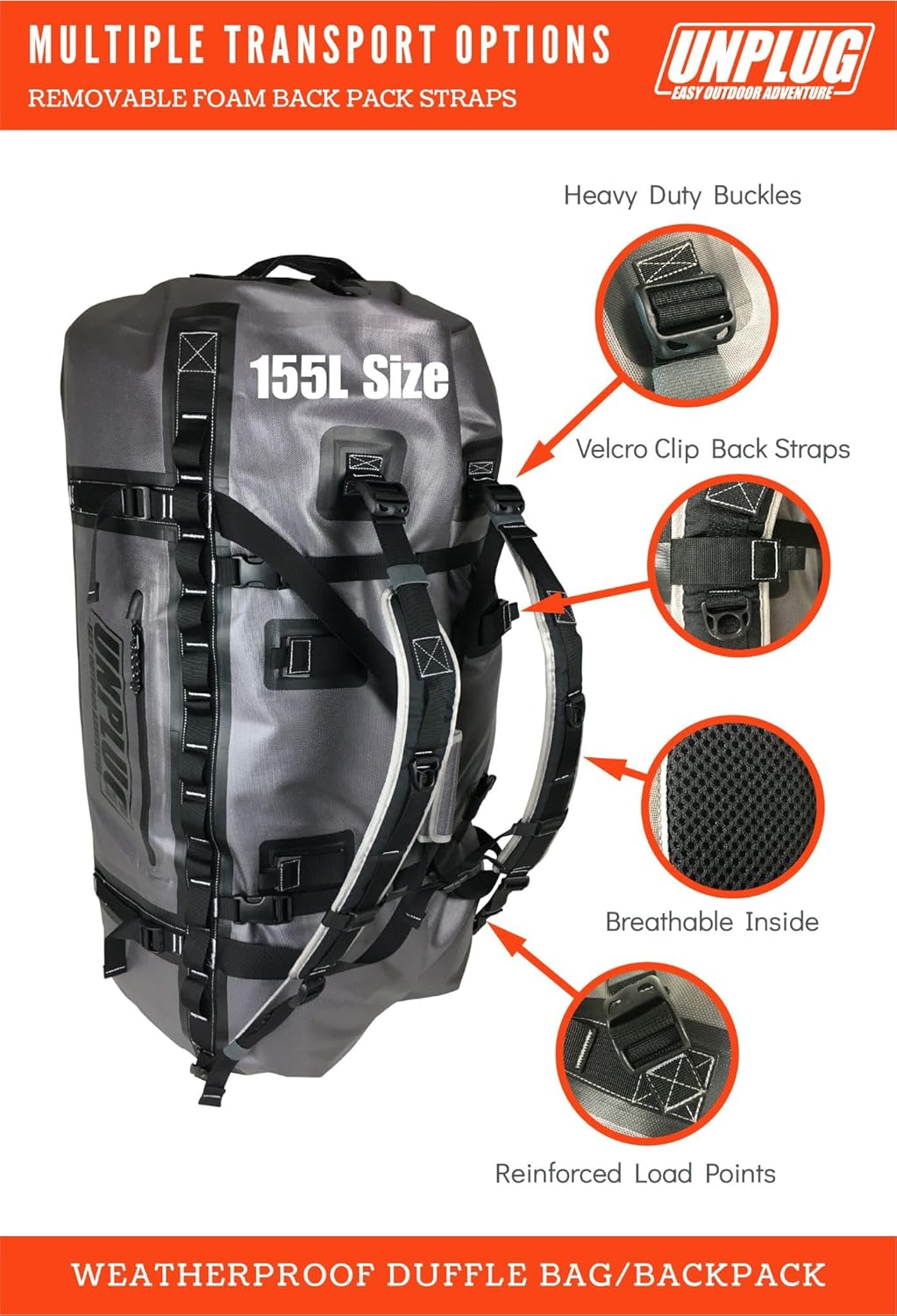UNPLUG Waterproof Bags for Travel -1680D Heavy Duty Waterproof Duffel Bag for Camping, Motorcycle Dry Bag, Hunting Bag, Bug Out Bag, Waterproof Bags for Boating. Tactical Duffle Bag (155L Storm Grey) - Roamly