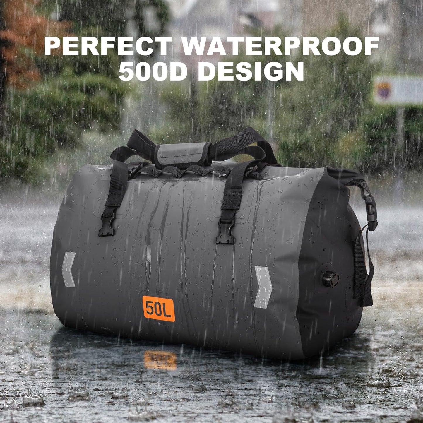 Waterproof Duffel Bag, 50L Roll-top Motorcycle Dry Bag with Air Valve & Quick-fixed Straps, Travel Duffle Bags for Kayaking Paddle Boarding Rafting Boating Camping Riding Fishing - Grey