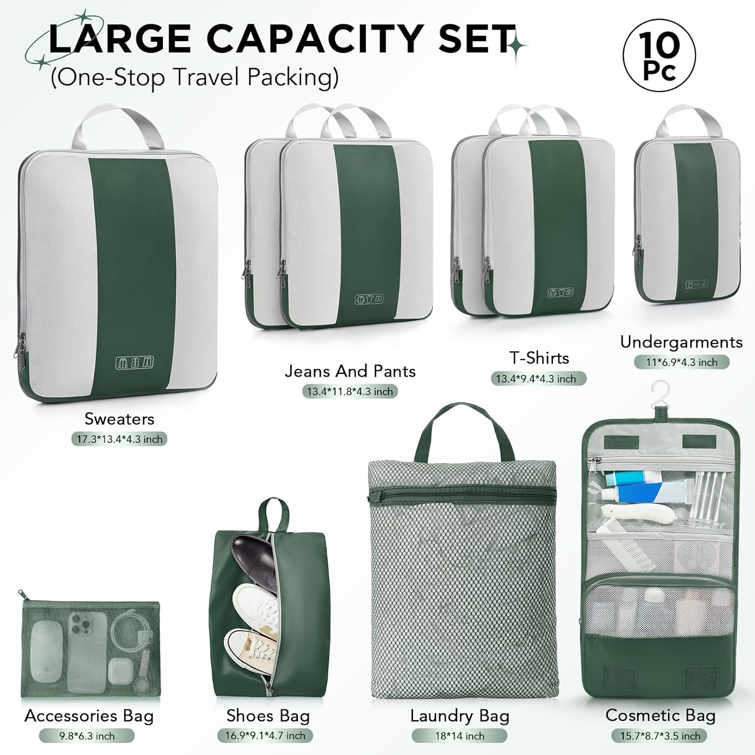 10 Set Compression Packing Cubes for Travel Essentials,Compressible Expandable Packing Cubes for Suitcase,OlarHike Luggage Organizer Bags for Travel,Handy Helper for Organizing Clothes(Dark Green) - Roamly