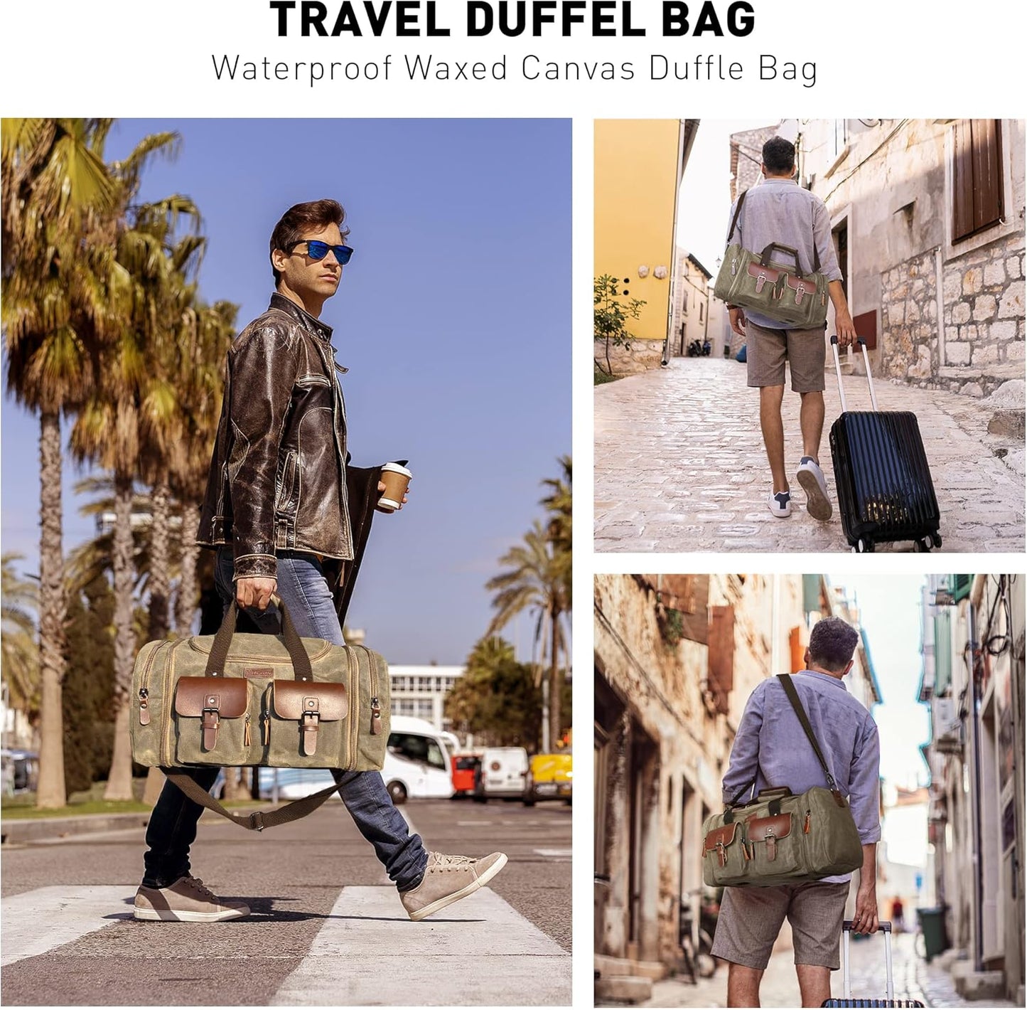 Wildroad Waxed Canvas Duffle Bag - 60L Waterproof Genuine Leather Weekender Overnight Travel Hand Bag - Roamly