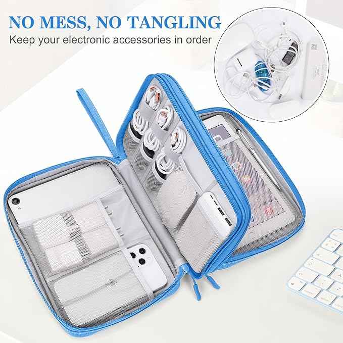 FYY Electronic Organizer, Extra Large Travel Cable Organizer Bag Pouch Portable Waterproof Double Layers All-in-One Storage Bag for iPad, Cable, Power Bank, Laptop Charger for Office/Home, Cyan