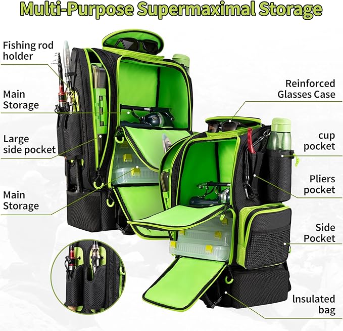 BLISSWILL Large Fishing Backpack with Cooler for 3 Tackle Boxes - Fishing Bag with Rod Holders for Camping and Hiking
