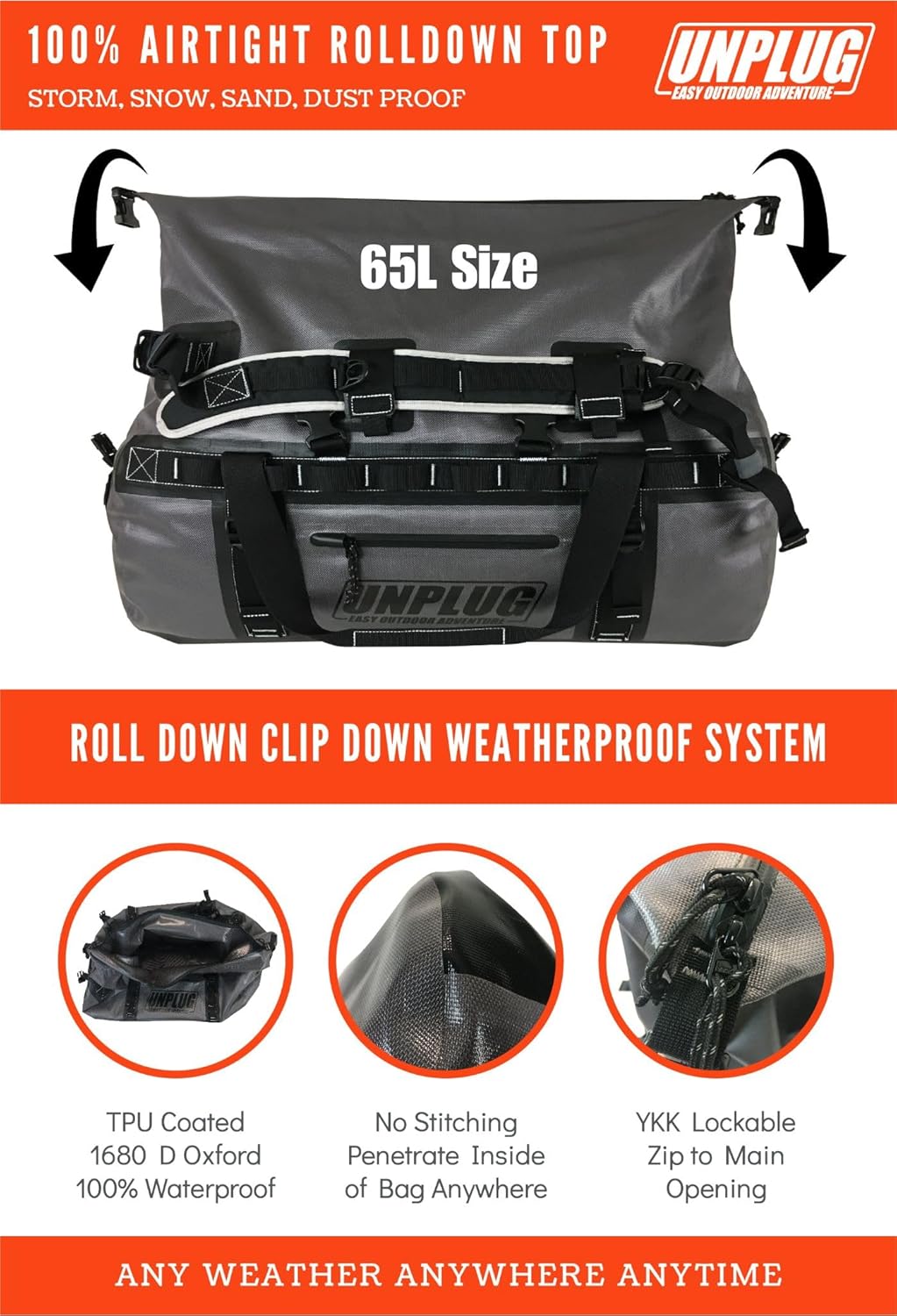 UNPLUG Waterproof Bags for Travel -1680D Heavy Duty Waterproof Duffel Bag for Camping, Motorcycle Dry Bag, Hunting Bag, Bug Out Bag, dry bags for kayaking waterproof boat bag (65L Storm Grey) - Roamly