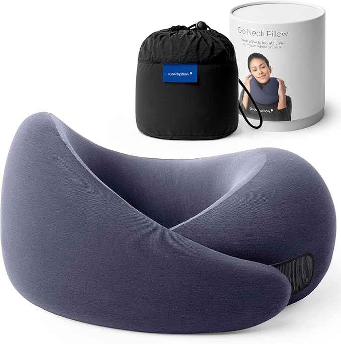 Ostrichpillow Go Neck Pillow, Travel Pillows for Airplanes, Premium Memory Foam Travel Pillow, 360º Ergonomic Design, Asymmetrical Sides, Travel Bag Included, Washable Modal Cover