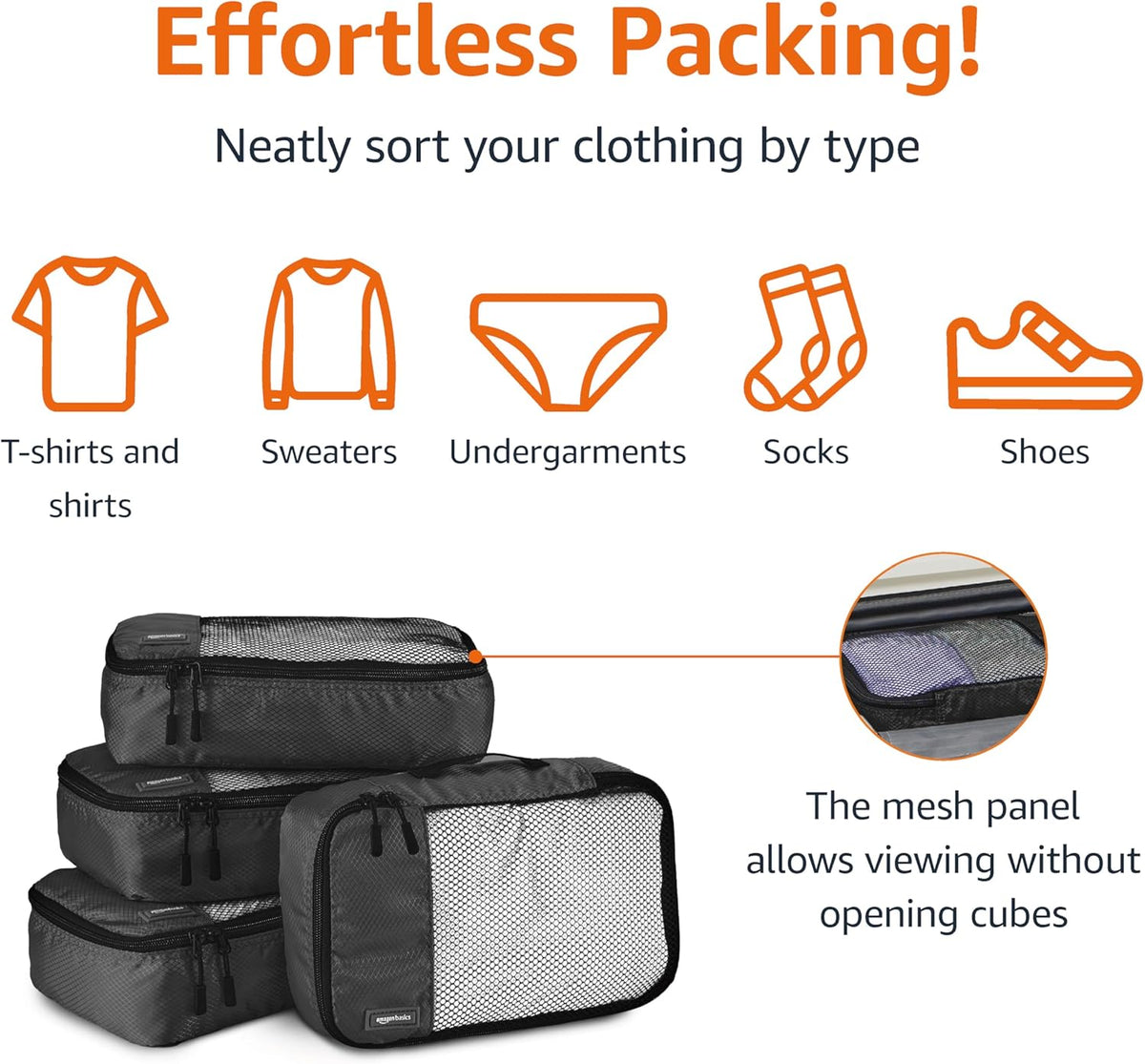 Amazon Basics Small Packing Cubes for Travel, Packing Organizers, 4-Piece-Set With Double Zipper Pulls and Mesh Top Panel, 100% Durable Polyester, Black, 11"L x 6.8"W x 3"H - Roamly