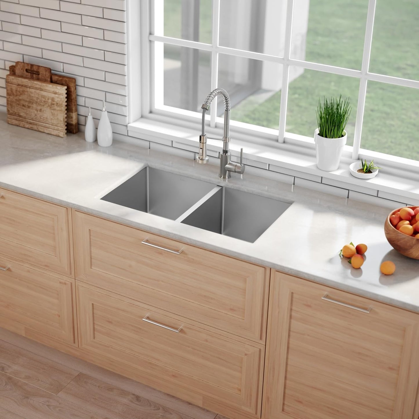 KRAUS Standart PRO™ 33-inch 16 Gauge Undermount 50/50 Double Bowl Stainless Steel Kitchen Sink with WasteGuard™ Continuous Feed Garbage Disposal, KHU102-33-100-75MB