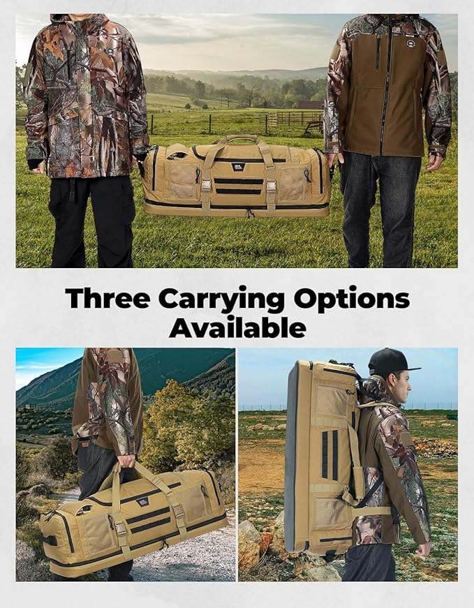 KEMIMOTO Hunting Duffle Bag, 78L large Capacity Travel Gear Bags Tool Range Cases for Long Distance Trips Hiking Hunting Fishing Camping, Multi Pocket Design, Brown Backpackable