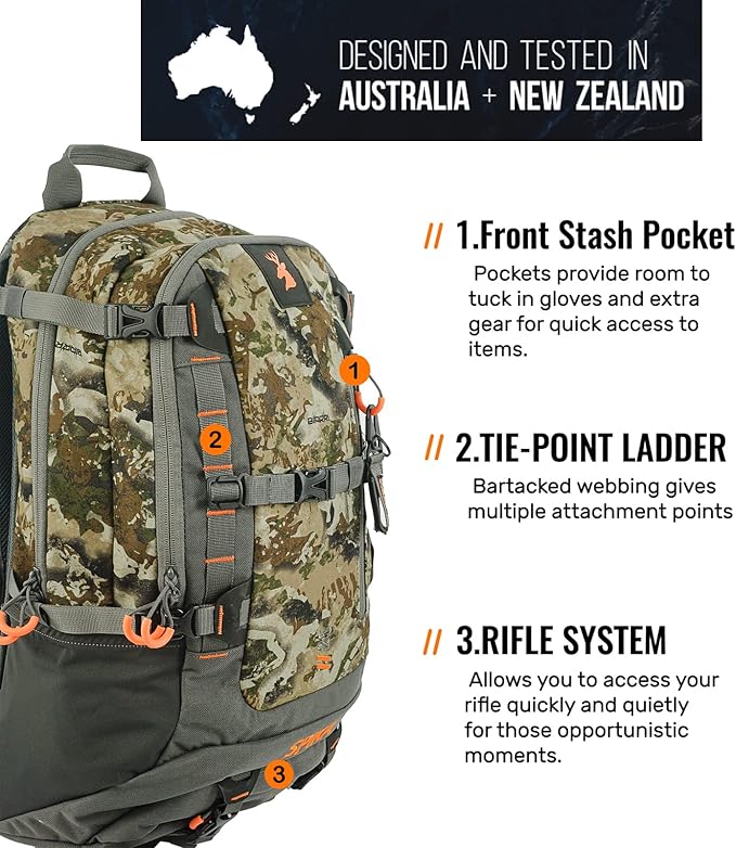 SPIKA Hunting Backpacks for Men, 25L Camo Hunting Day Pack with Water Bladder, Removable Waist Belt, Rifle Holder, Internal Ammo Storage and Rain Cover