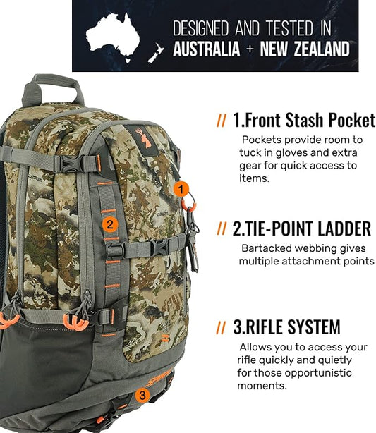 SPIKA Hunting Backpacks for Men, 25L Camo Hunting Day Pack with Water Bladder, Removable Waist Belt, Rifle Holder, Internal Ammo Storage and Rain Cover