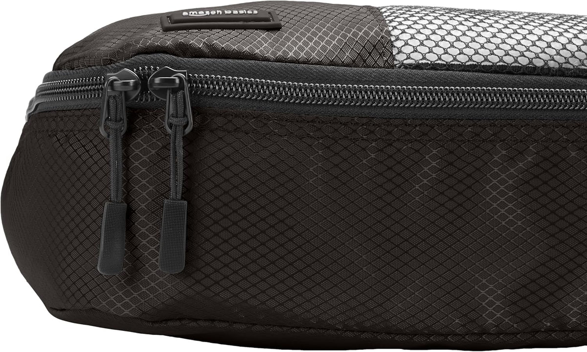 Amazon Basics Slim Packing Cubes for Travel, Packing Organizers, 4-Piece-Set With Double Zipper Pulls and Mesh Top Panel, 100% Durable Polyester, Black, 14"L x 5"W x 3"H - Roamly