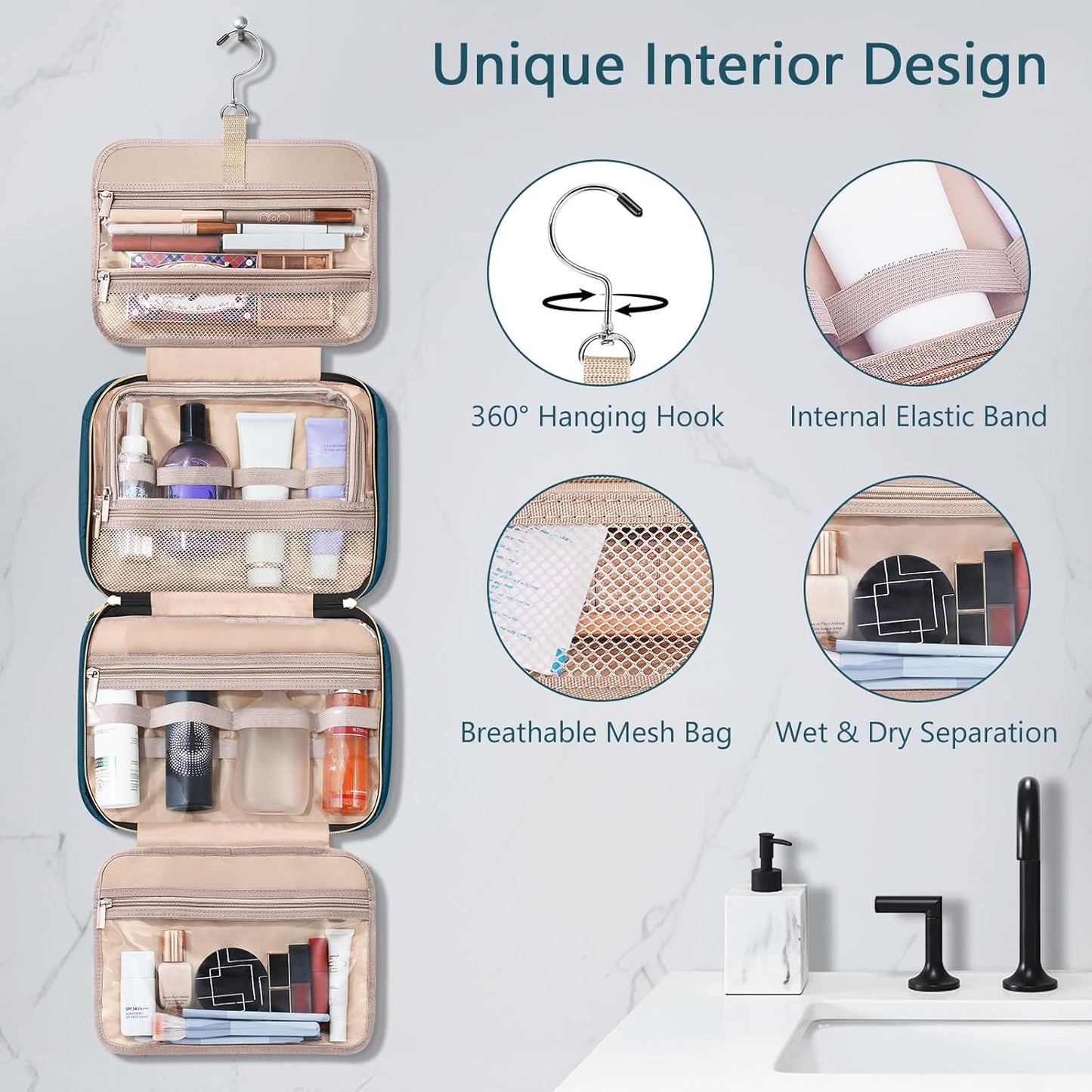 Wedama Toiletry Bag for Women, Hanging Travel Toiletry Bag with Jewelry Organizer Compartment Large Makeup Bag, PVC Waterproof Cosmetic Travel Bag for Travel Business Trips Camping Bathroom, Blue - Roamly