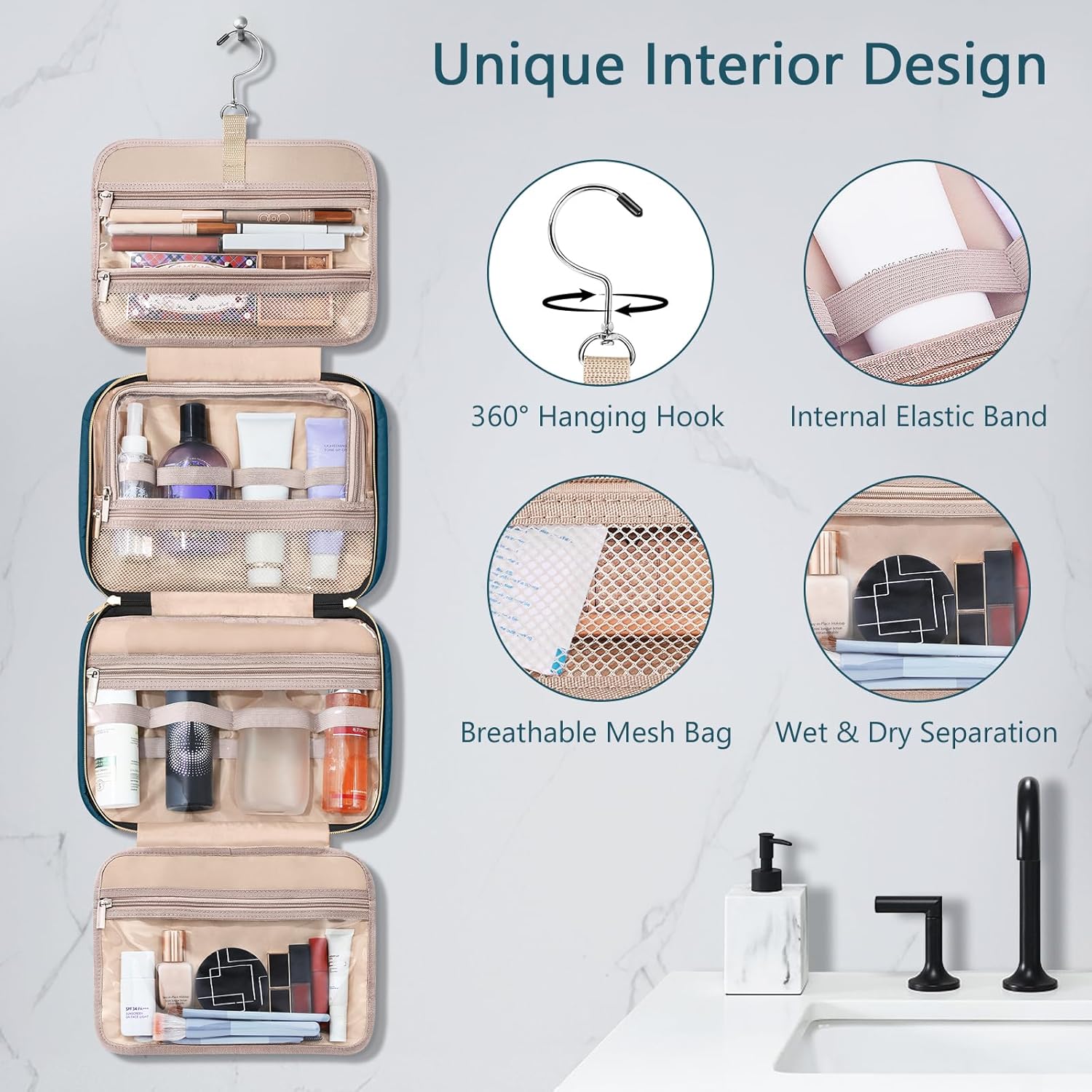 Wedama Toiletry Bag for Women, Hanging Travel Toiletry Bag with Jewelry Organizer Compartment Large Makeup Bag, PVC Waterproof Cosmetic Travel Bag for Travel Business Trips Camping Bathroom, Blue - Roamly