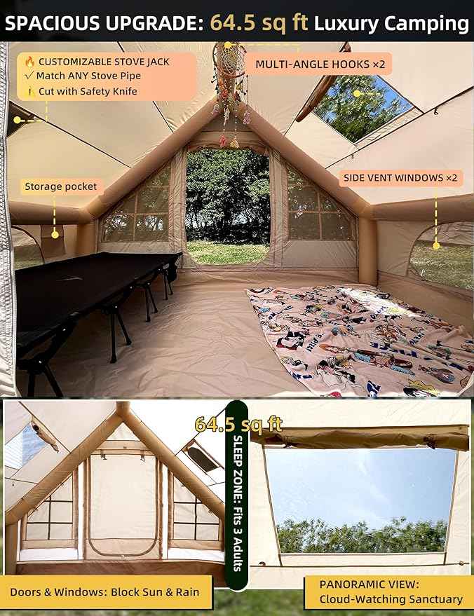 Cotton Inflatable Camping Tent, 2-4 Person, Windproof Glamping Design with Skylight, Instant Setup (2~4person(10.2'L X 8'W X 7'H)-Green)