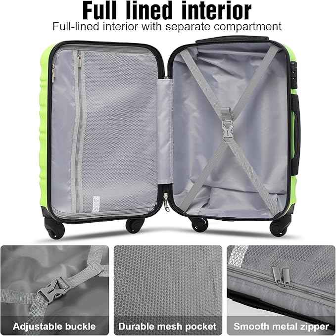 LONG VACATION Carry On Luggage 20 Inch, Luggage Sets 3 Piece with Spinner Wheels & YKK Zipper TSA Lock, ABS+PC Hardside Suitcase Lightweight Travel Luggage (APPLE GREEN, 20 Inch)