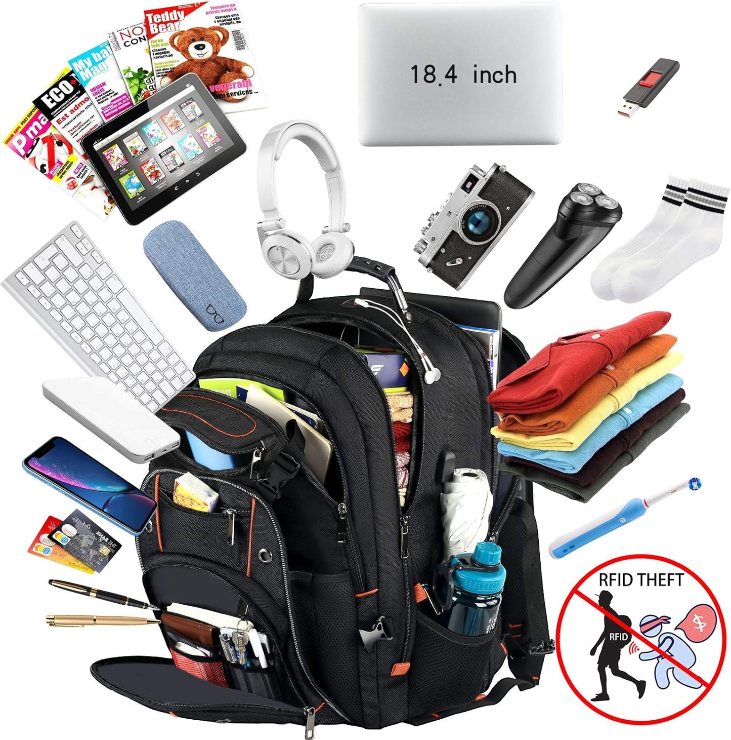 VECKUSON 18.4 Laptop Backpack for Men, 55L Extra Large Gaming Laptops Backpack with USB Charger Port,TSA Friendly Flight Approved and RFID Anti-Theft Pocket - Roamly