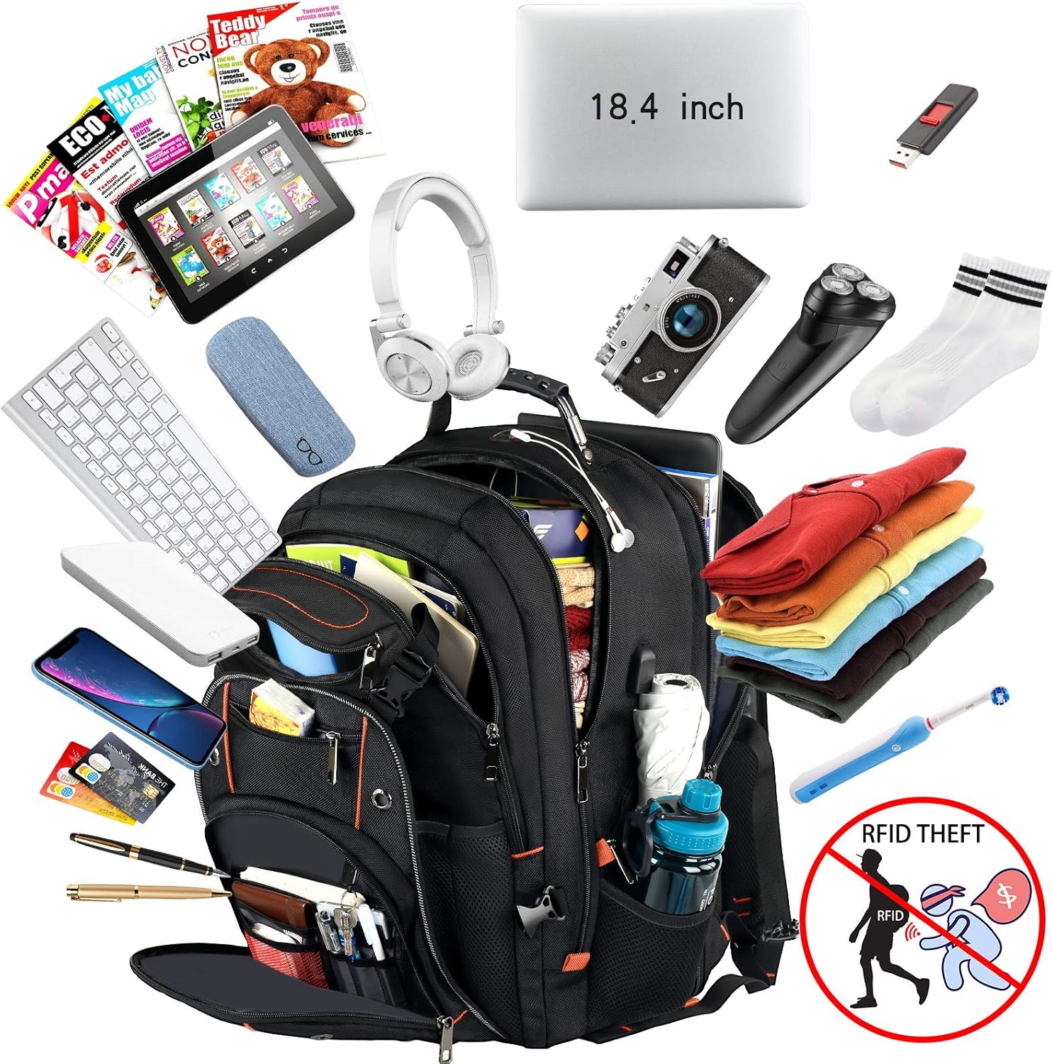 VECKUSON 18.4 Laptop Backpack for Men, 55L Extra Large Gaming Laptops Backpack with USB Charger Port,TSA Friendly Flight Approved and RFID Anti-Theft Pocket - Roamly