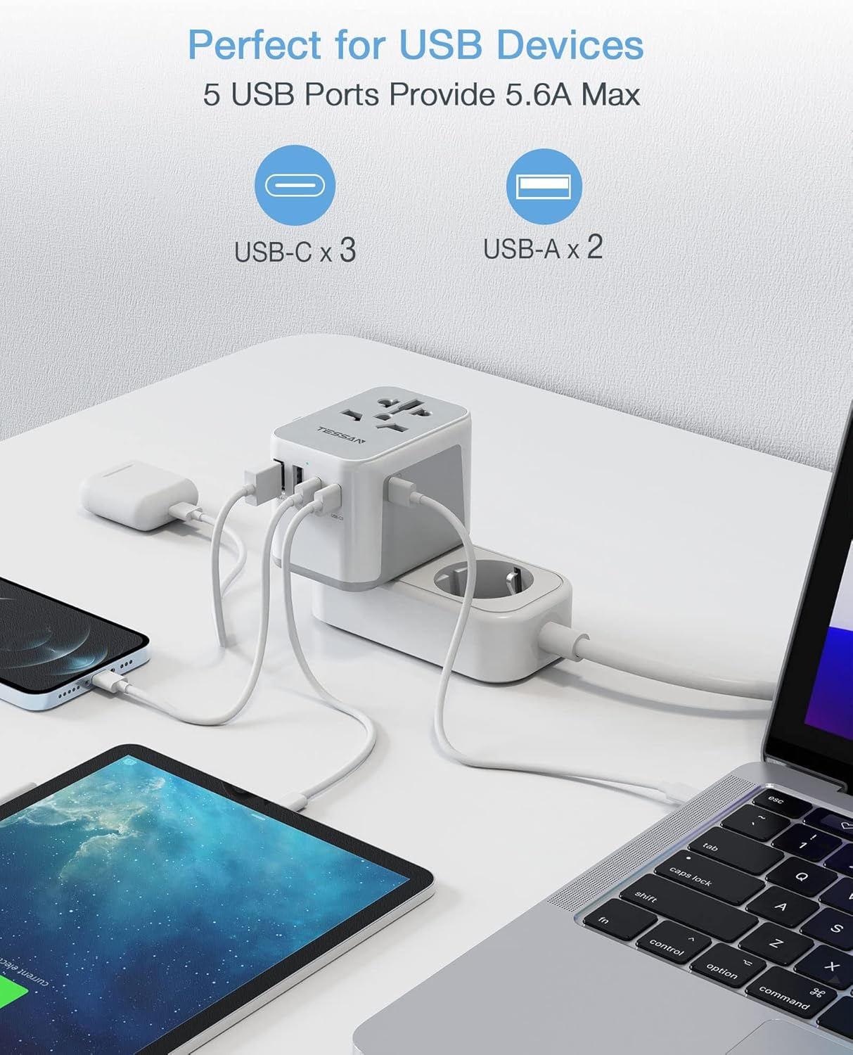 TESSAN Universal Travel Adapter, International Power Adapter 5.6A 28W 3 USB C 2 USB A Ports, Travel Worldwide Plug Adaptor, Outlet Wall Charger for Europe UK EU AUS (Type C/G/A/I) - Roamly