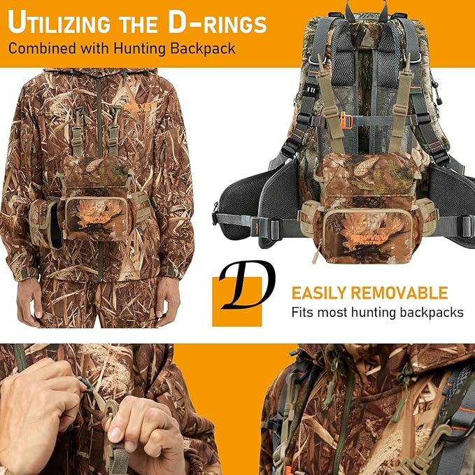 NEW VIEW Silent Binocular Harness Chest Pack, Hunting Bino Case with Dual MOLLE Straps, Binocular Harness with Detachable Chest Strap Rangefinder Pouch Rain Cover for Saddle Hunting Bird Watching