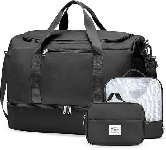 Large Travel Duffle Bag,Carry on Overnight Weekend Bag with Shoes Compartment,Weekender Bags for Women for Travel Business Trips Sport Hospital,3 Pcs Set,Black