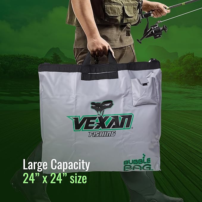 Vexan Aerated Tournament Weigh In Bag for Bass Fishing - Heavy Duty 24"x24" Bubble Fish Bag for Live Fish w/Built-In Aerator System - Waterproof, Zippered, Padded Handles, Triple-Welded Seams