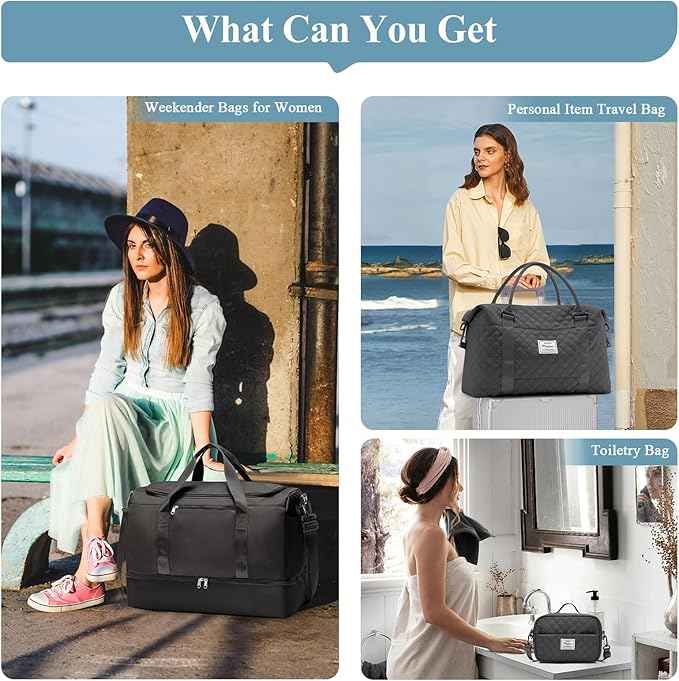 Large Travel Duffle Bag,Carry on Overnight Bag with Shoes Compartment,Weekender Bags for Women for Travel Business Trips Sport Hospital,3 Pcs Set,Black